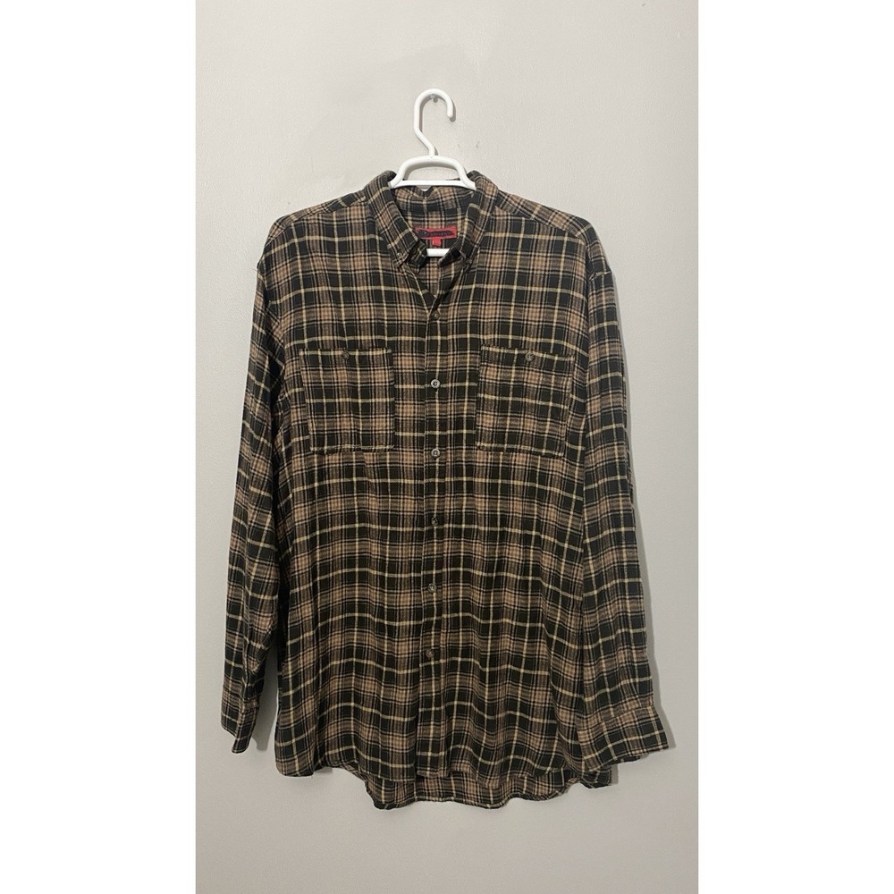 McCormick Farmall Men's Flannel Shirt Long Sleeve Plaid Brown Button Up XLT